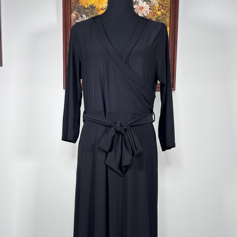 Moss Fit & Flare Dress Women's Large Stretch V-Neck 3/4 Sleeve Black Belted NWT